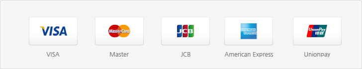 VISA card, Master card, JCB card, American Express card, Unionpay card